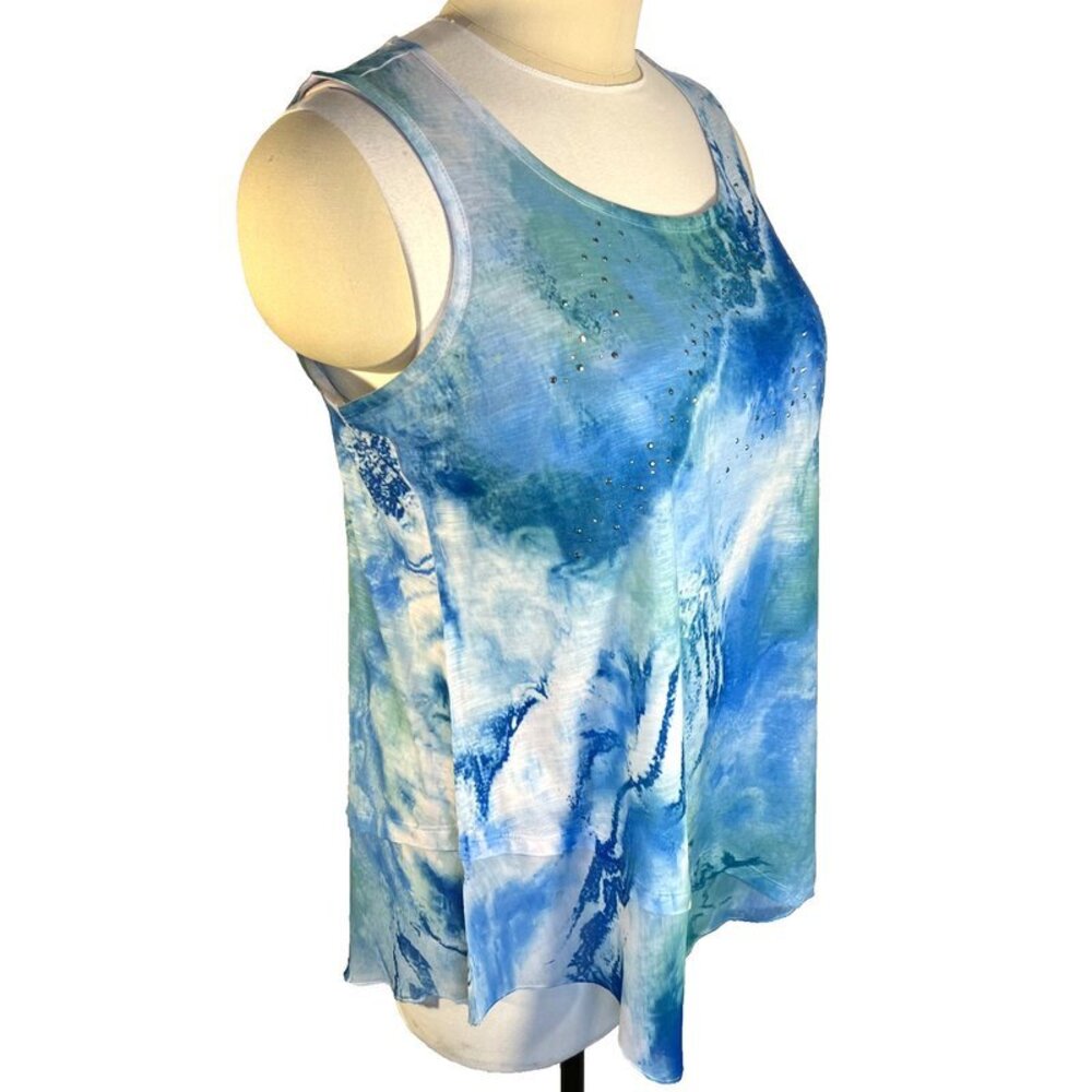 Style & Co Tank Top Women's 2X Blue Green White Sleeveless Beaded Asymmetric Hem - Picture 4 of 11